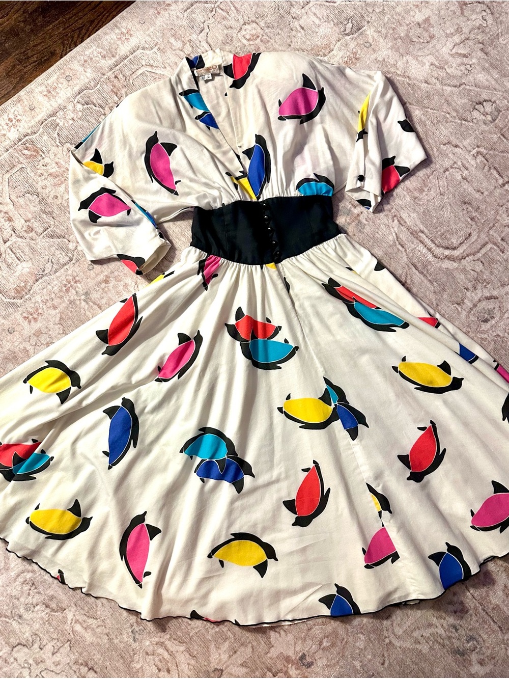 Vintage Women’s 80s CLEO Penguin Print Full Circle Midi Dress Sz Sm